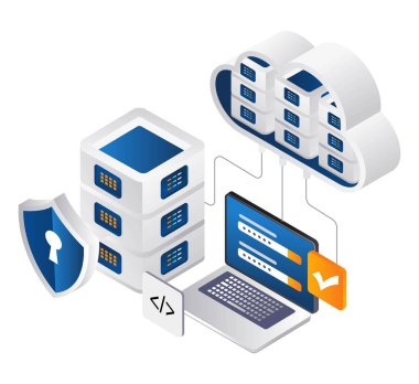 Technology security cloud server computer isometric illustration concept