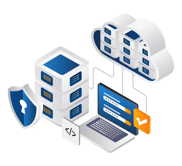 Technology security cloud server computer isometric illustration concept