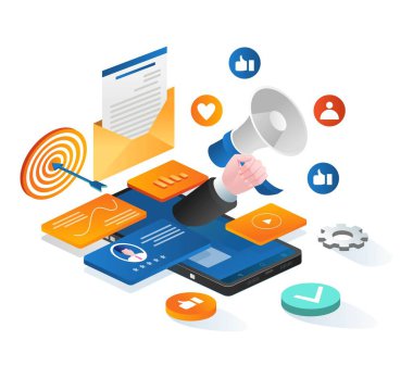 Digital social marketing strategy isometric illustration concept