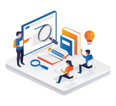 Concept of isometric illustration of students studying with books