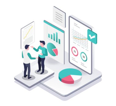 Şirket verilerini analiz eden iki adamın Isometric illüstrasyon konsepti