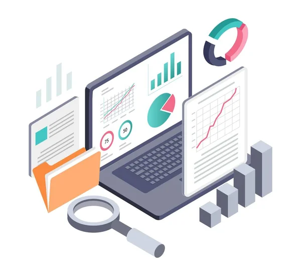 Concept Illustration Isometric Computer Data Analysis — Διανυσματικό Αρχείο