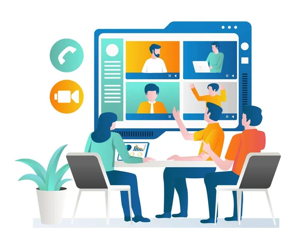 Work Team Having Online Meeting — Διανυσματικό Αρχείο