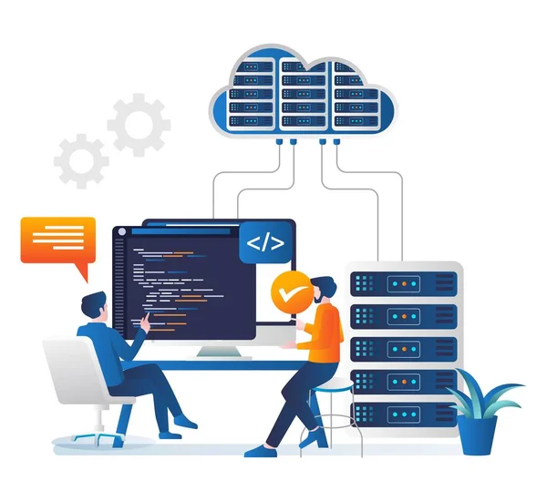 Concetto Illustrazione Isometrica Cloud Server Analyst Linguaggio Programmazione — Vettoriale Stock