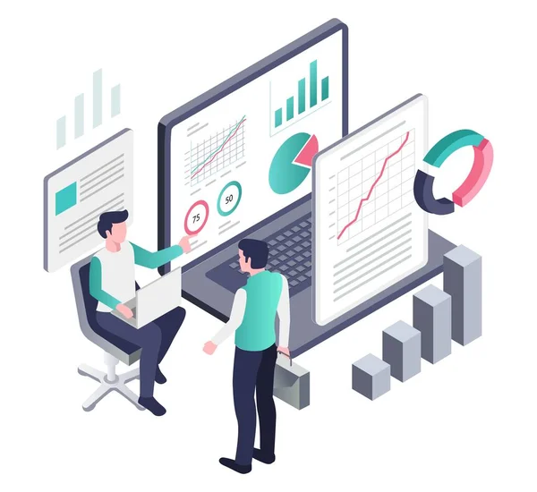 Isometric Illustration Concept Two Men Working Together Business — Διανυσματικό Αρχείο