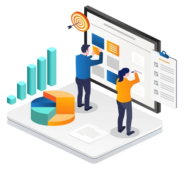 Concept Illustration Isometric Couple Making Plans Scrum Board — Διανυσματικό Αρχείο