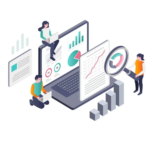 Konzeptillustration Eines Isometrischen Teams Beim Sammeln Von Analystendaten — Stockvektor