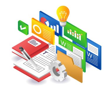 Data analysis articles in isometric illustration