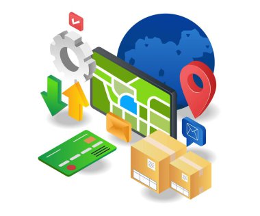 Shipping goods with world map in isometric illustration