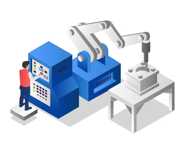 Мужчина Оператор Запускает Футуристический Cnc Компьютер — стоковый вектор