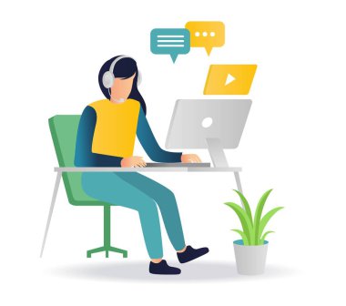 Girl with headset working with computer