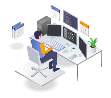 Programmer working on computer with lots of data