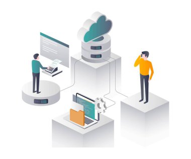 flat isometric vector illustration, Staff IT Security, Cloud VoIP and eFax