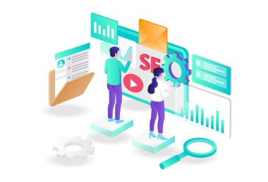 the concept of isometric flat illustration seo optimization and web developer