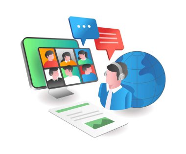 Illustration isometric concept. customer service video call with world clients