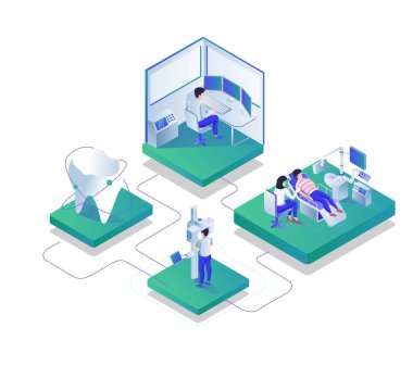 Dental examination process in isometric illustration