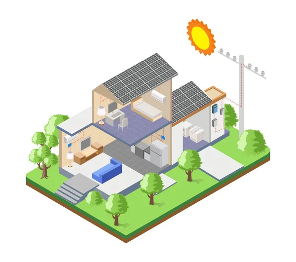 Solar Panels Roof House Electric Poles — Vector de stock