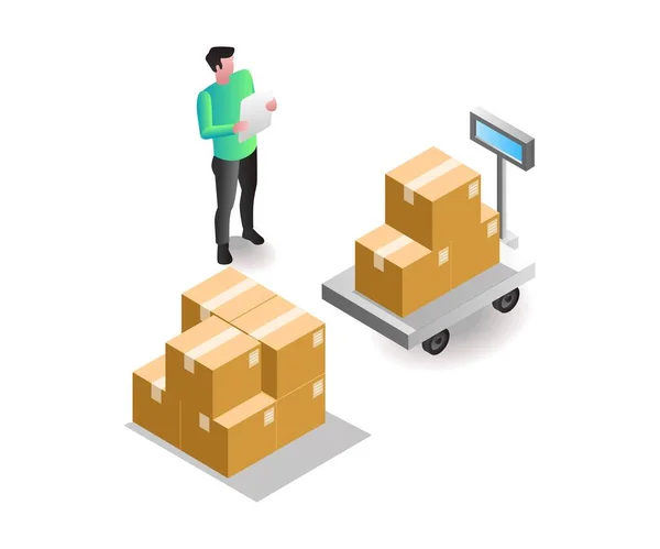 Isometric Illustration Concept Man Weighing Goods Warehouse — Stock Vector