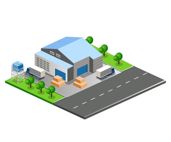 Flat Isometric Vector Illustration Warehouse Building City Street — Stockový vektor