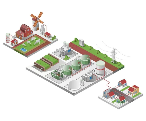 Biogas Industry Cattle Farming Isometric Illustration — Vector de stock