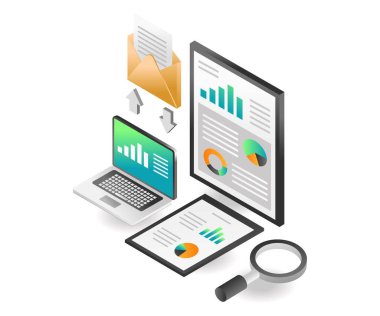 Düz izometrik konsept çizimi. veri gönder ve al