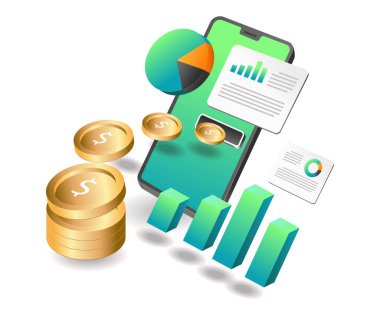 Düz izometrik konsept çizimi. Akıllı telefonlardan online yatırım yaparak para kazanmak.