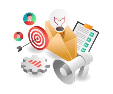 Düz izometrik çizim konsepti. dijital pazarlama stratejisi fikirleri hedef alır