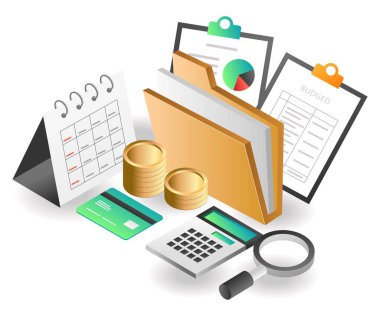 Düz izometrik konsept çizimi. Yatırım sektörü aylık bütçesi