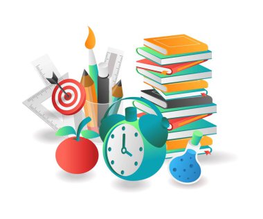 Düz izometrik çizim konsepti. Okula dönen yaratıcı öğrenciler için kitap yığını