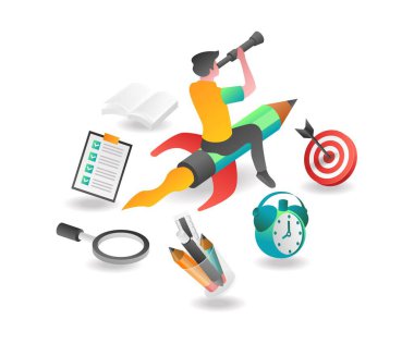 Düz izometrik çizim konsepti. Eğitim sektörünün geleceğini araştıran bir adam