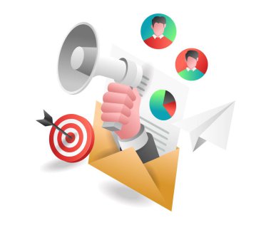 Düz izometrik çizim konsepti. E- posta dijital pazarlama kampanyası stratejisi