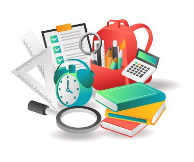 Düz izometrik çizim konsepti. yaratıcı çocuk okulu malzemeleri