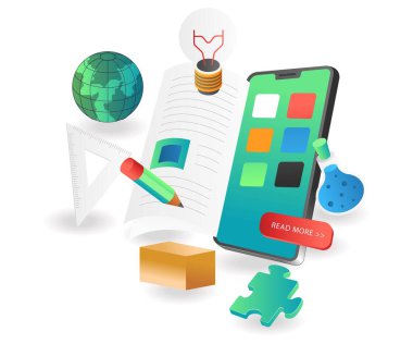 Düz izometrik çizim konsepti. akıllı telefon hakkında internet üzerinden kitap okumak