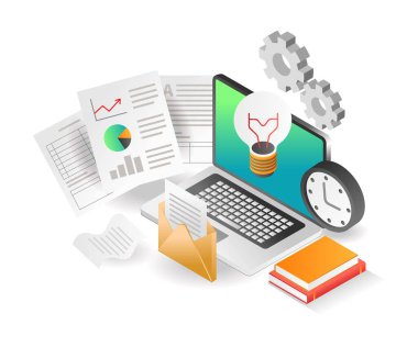 Düz izometrik konsept çizimi. Yatırım şirketi analiz verileri