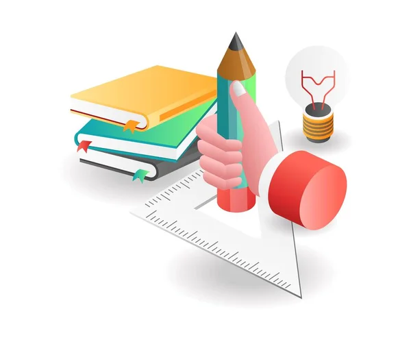 Flat Isometric Concept Illustration Hand Holding Pencil Ruler Back School — Stock Vector