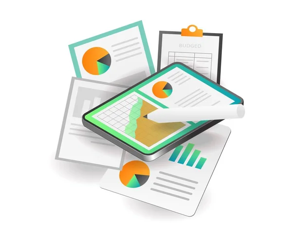 Ilustração Conceito Isométrico Plano Analisar Orçamento Negócios Dados Receita —  Vetores de Stock