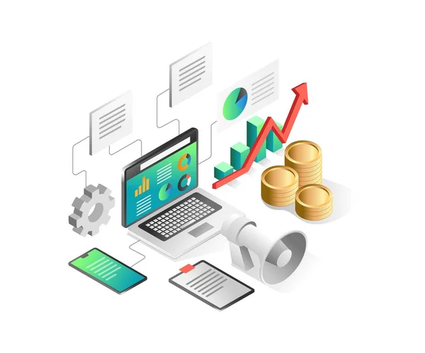 Concepto Ilustración Isométrica Plana Inversión Negocio Análisis Datos Campaña Ingresos — Vector de stock