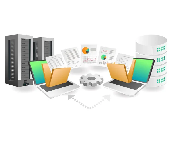 Ilustración Concepto Isométrico Plano Proceso Transferencia Datos Del Analista Entre — Vector de stock