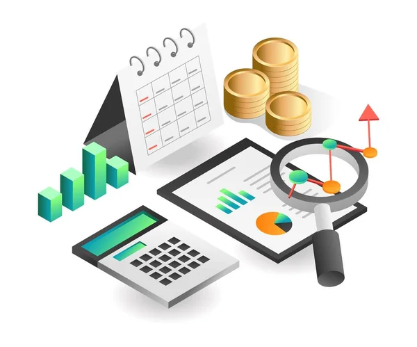 Plochý Izometrický Koncept Ilustrace Kalendář Analýzy Investičních Obchodních Dat — Stockový vektor