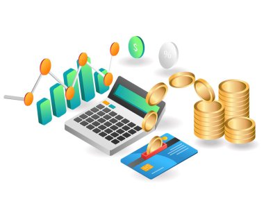 Düz izometrik konsept çizimi. ATM kartıyla para saymak.