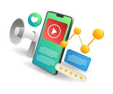İniş sayfası konsepti düz izometrik çizim. paylaşım dijital pazarlama stratejisi videoları
