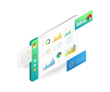 İniş sayfası konsepti düz izometrik çizim. Yatırım iş analizi veri izleme