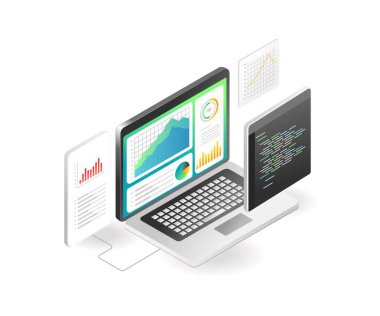 İniş sayfası konsepti düz izometrik çizim. Web analiz veri programı