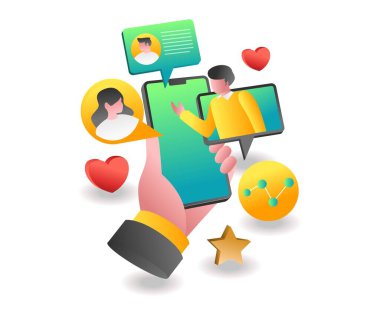 Düz izometrik illüstrasyon iniş sayfası kavramı. akıllı telefondan sanal konuşma