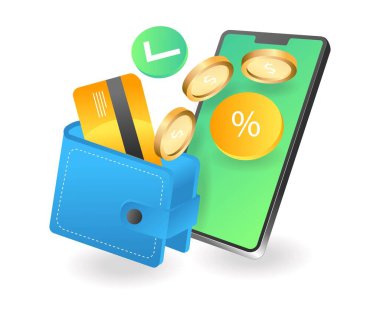 Düz izometrik illüstrasyon iniş sayfası kavramı. Akıllı telefondan cüzdana para akışı