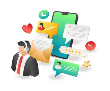 Düz izometrik konsept çizimi. Akıllı telefonla müşteri hizmetleri tartışması