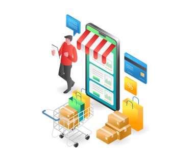 İniş sayfası konsepti düz izometrik çizim. çevrimiçi alışveriş kolaylığı