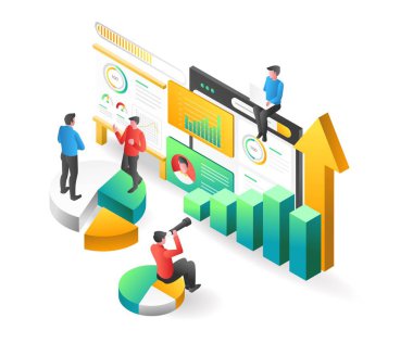 İniş sayfası konsepti düz izometrik çizim. Başarılı yatırım ekibi.