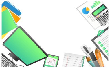 Düz izometrik çizim konsepti. profesyonel işyeri üst görünüm modeli