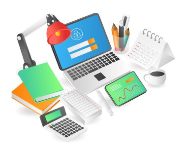 Düz izometrik illüstrasyon iniş sayfası kavramı. işyeri profesyoneli